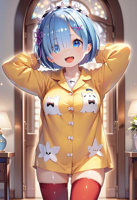 score_9,score_8_up,score_7_up, masterpiece, Henreader, 1girl, solo, source_anime, scenery, (mature woman:1.2), (wide thighs:1), (wide hips:1), (detailed eyes, high definition eyes,high gradient eyes,eyesHD), (best quality:1.4), a close up of a woman with colorful hair, anime girl with cosmic hair, rossdraws pastel vibrant, artwork in the style of guweiz, fantasy art style, colorful, vibrant fantasy style, cosmic and colorful, guweiz, colorfull digital fantasy art, stunning art style, beautiful anime style, shiny, shiny skin, (beautiful female), beautiful face, clear face, Shiny hair, (blue hair:1.2), (short hair:1.2), (blue eyes:1.2), mischiveous smile, provocative look, begging dog pose, two tender canine fangs in her open mouth, Expressiveh, concept art, beautiful_female_fingers, perfect hands, detailed hands, beautiful hands, professional anime, (rem from re:zero:1.2), (rem:1.2), blue eyes, blue hair, hair ornament, hair over one eye, hair ribbon, short hair, x hair ornament, big breasts, perfect body, seductive girl, (standing, arms behind head), (looking at viewer), red thighhighs, pajamas, calpajamas