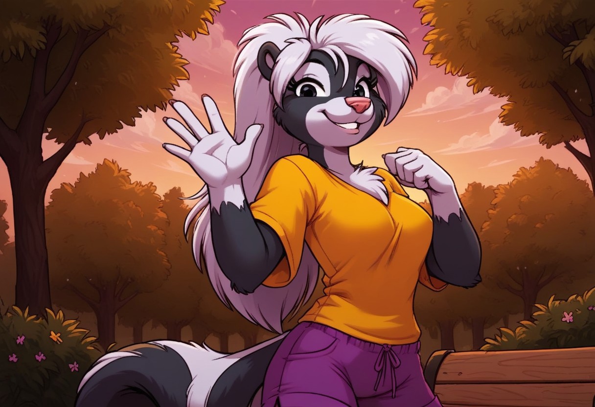 score_7, score_8, score_9, dynamic lighting, detailed background, background is park, benches, trees, walkway, clouds, sunny, glowing, close up, cowboy shot
BREAK 
Solo, 1 female, single female, anthro, furry female, female skunk, Tabitha Skunk, short, white black, long hair, (white hair), pink animal nose, black eyes, (skunk tail), feet claws, chest fur tuft, ((white cheeks))
BREAK 
standing, looking at viewer, smiling, purple shorts, yellow t shirt, waving at viewer