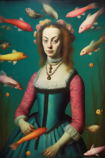 <lora:Sofonisba Anguissola Style:1>Sofonisba Anguissola Style - 1700s woman portrait underwater pond whimsical surrealism colorful