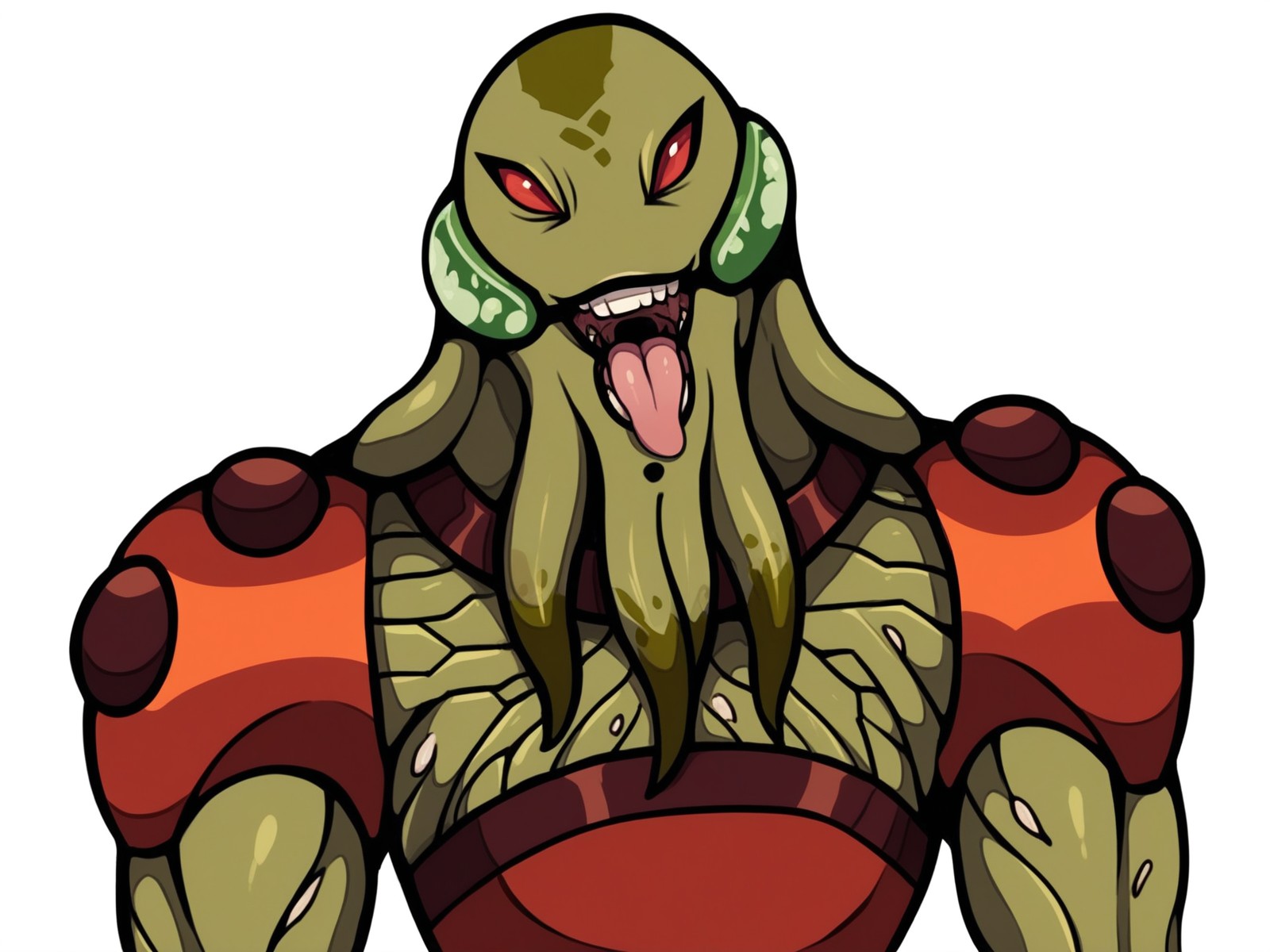 score_9, score_8_up, score_8,source_furry,
<1girl:1.5>,
<solo:1.5>,
female,
chimera_generis,  
green skin, 
breasts, 
cleavage,
colored skin, 
monster girl, 
red eyes, 
small breasts, 
muscular female, 
upper body,
face,
face focus,
armor,
red armor,
alien, 
looking at viewer,
<simple background:1.5>,
<white background:1.5>,
 <lora:Myaxx_Ben10_Pony_SDXL:1.25> myaxx_ben10, happy,
smile,
teeth,
tongue