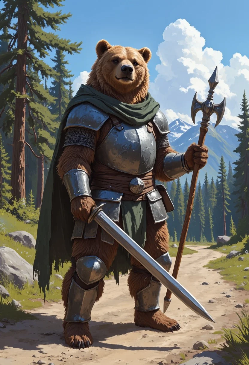 anthr0dnd, The image is a digital painting in a fantasy art style, depicting an anthropomorphic grizzly bear dressed in medieval-style half-plate armor and chainmail, wielding a swiss voulge halberd with a long blade, standing on a dirt road in a pine forest. The anthro bear, with relaxed and confident expression, wears a dark green tattered cloak. It is beautiful summer day and the blue sky is clear. The wise and strong bearkind will rule these lands forever., mysterious, atmospheric, vibrant, high contrast of shadow and light, portrait, anime style oil painting