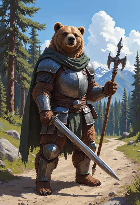 anthr0dnd, The image is a digital painting in a fantasy art style, depicting an anthropomorphic grizzly bear dressed in medieval-style half-plate armor and chainmail, wielding a swiss voulge halberd with a long blade, standing on a dirt road in a pine forest. The anthro bear, with relaxed and confident expression, wears a dark green tattered cloak. It is beautiful summer day and the blue sky is clear. The wise and strong bearkind will rule these lands forever., mysterious, atmospheric, vibrant, high contrast of shadow and light, portrait, anime style oil painting
