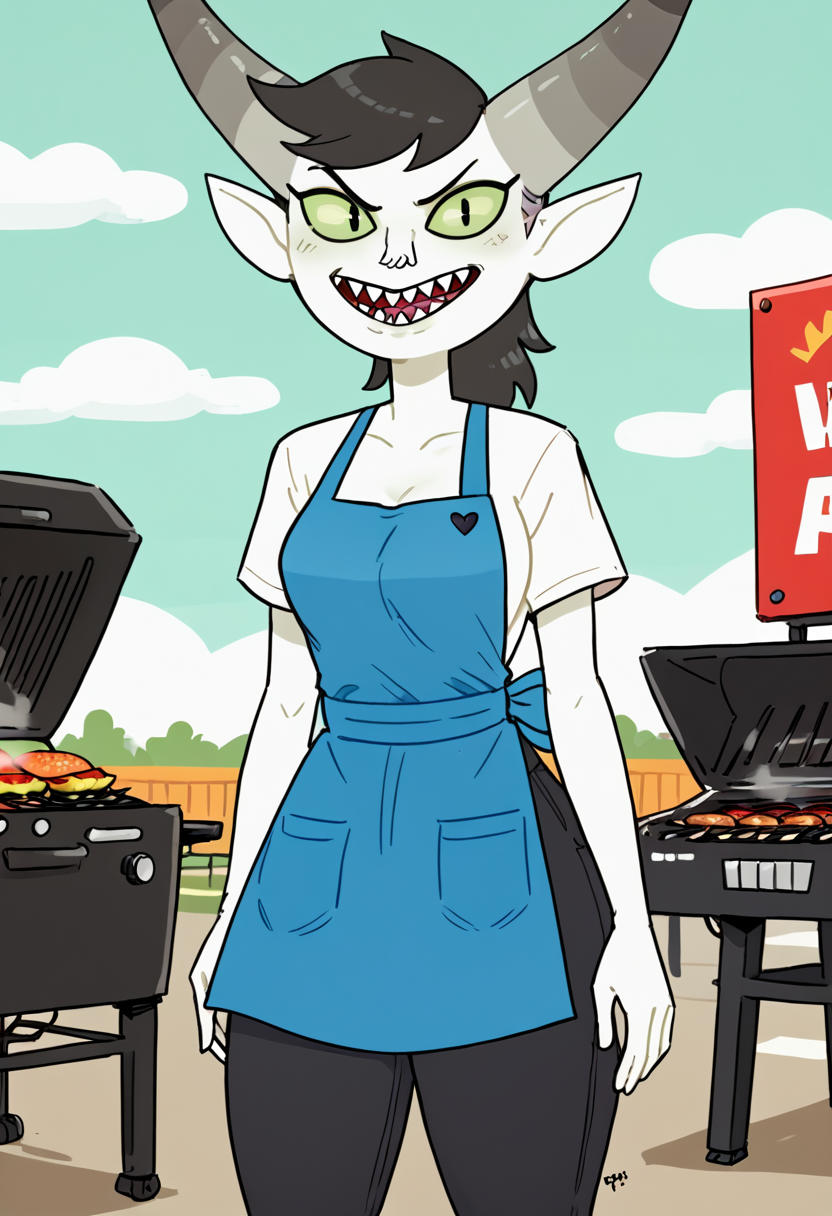 score_9, score_8_up, score_8,   <lora:Bandit_Princess_Adventure_Time_for_PonyXL:0.8> 1girl, horns, b4nd1tprinc3ss, horned humanoid, white skin, pointy ears, solo, black hair, green eyes, colored sclera, sharp teeth, backyard, apron, grill, pants, shirt,  outdoors