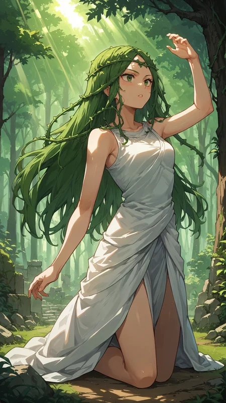 score_9,score_8_up,score_7_up,score_6_up, <lora:xl_more_art-full_v1:0.5>, source_anime, girl, dynamic pose, kneeling, <lora:Ibara Shiozaki (Vine) - Pony:0.8>, long hair, green hair, vine hair, green eyes, white dress, white robe, sleeveless, forest, light rays, overgrown, stone ruins, forest altar,