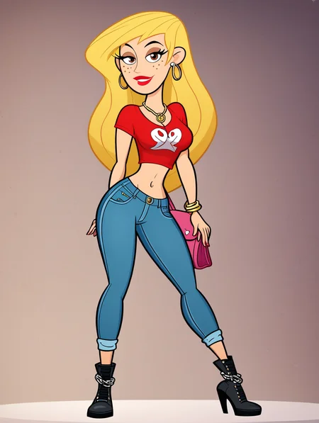 score_9, score_8_up, score_7_up, (toon \(style\):1),(flat colors:1),facing viewer,ultra high quality,ultra high resolution,ultra , seductive,(extremely detailed), detailed background,,(masterpiece, best quality, high quality, highres, ultra-detailed),full body,inside, bedroom in background, spotlight effects.,close up, cowboy shot,   dutch angle ,perfect eyes,perfect face,,narrow waist,perfect breasts,perfect eyes,perfect face,eager expression,earrings,facing viewer, 
<lora:Veronica_Stoppable:0.9> veronica stoppable, toon (style), flat color, freckles, narrow waist,  brown eyes, long hair,  long eyelashes,  long hair, brown eyes, seductive smile, long eyelashes, medium breasts, wide hips, long legs, red lips, looking at viewer,blonde hair, form-fitting designer graphic t-shirt, high-waisted skinny jeans, sleek ankle boots. oversized sunglasses,  chunky gold chain necklace,  designer handbag.midriff,
