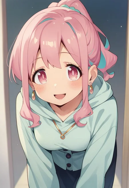 score_9, score_8_up, score_7_up, source_anime,hozuki kaede, pink hair, pink eyes, ponytail, 1girl, solo, smile, open mouth, looking at viewer, blush, leaning forward, long sleeves, earrings, hood, jewelry