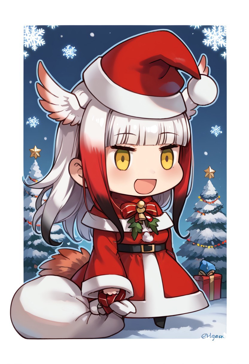score_9, score_8_up, score_7_up, masterpiece, best quality, zzPadoru, blush, smile, open mouth, meme, holding sack, santa hat, dress, 1girl, solo, japanese crested ibis (kemono friends), head wings, multicolored hair, two-tone hair, white hair, red hair, long hair, blunt bangs, bangs, sidelocks, yellow eyes, bird tail, tail, long sleeves, wide sleeves, chibi, snow, Christmas tree, Christmas lights, Christmas border, red and green border, Christmas wreath border, presents, Christmas_card_outline