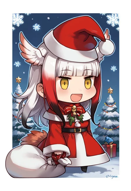 score_9, score_8_up, score_7_up, masterpiece, best quality, zzPadoru, blush, smile, open mouth, meme, holding sack, santa hat, dress, 1girl, solo, japanese crested ibis (kemono friends), head wings, multicolored hair, two-tone hair, white hair, red hair, long hair, blunt bangs, bangs, sidelocks, yellow eyes, bird tail, tail, long sleeves, wide sleeves, chibi, snow, Christmas tree, Christmas lights, Christmas border, red and green border, Christmas wreath border, presents, Christmas_card_outline