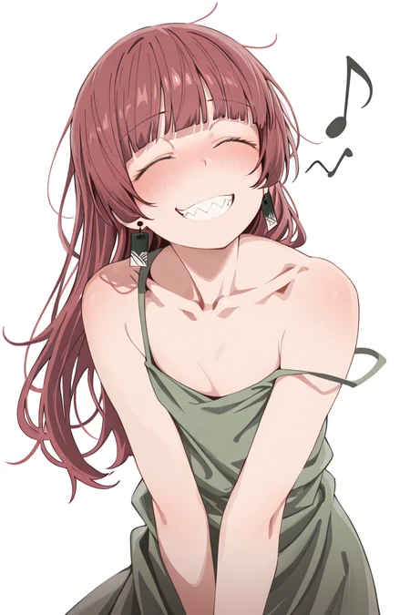 masterpiece, best quality, amazing quality,
<lora:Eito_IL:1> eito, 1girl, solo, closed eyes, smile, simple background, green dress, long hair, white background, sharp teeth, blush, teeth, dress, musical note, bangs, strap slip, grin, blunt bangs, hiroi