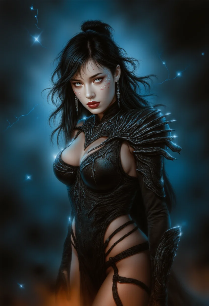 This image shows a mystical depiction of a sexy fantasy warrior in mystical armor.
A woman with dark hair, styled asymmetrically and framing her face.
Her complexion is flawless with warm undertones.
Her eyebrows are precisely plucked and made up, her eyes are large and radiant, with an intense, confident gaze. She wears matte, dark red lipstick.
Her nose is straight and her lips are full.
She wears long, ornate, elegant earrings.
Her breasts are average-sized, naturally shaped, and visible. Her facial expression is seductive.
Her figure is slender, and her posture is sexually seductive.
She wears form-fitting, mystical-looking fantasy armor made of matte black leather with glowing, mystical accents.
The armor appears to be composed of many individual, precisely fitting pieces and appears both elegant and protective. It emphasizes her feminine form.
Luminous lighting effects can be seen along the edges of the individual pieces, and the entire armor is elaborately decorated.
The atmosphere of the image is mysterious, mystical, and fantastical. The lighting is staged and emphasizes the contrasts between light and shadow, particularly through the use of blue and orange tones. The camera is positioned laterally in front of the woman, allowing the viewer an intimate view of her face and shapely body. The focus is on the woman, while the background appears blurred and dark, yet full of magic and electricity. <lora:MS_RoStyle_FLUX_V1:1.2> fantasy art, inspired by luis royo,