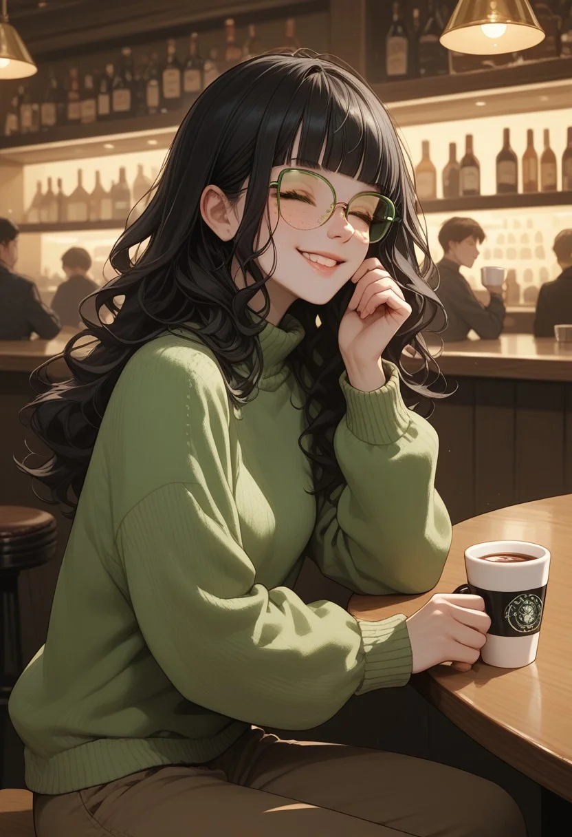 score_9, score_8_up, score_7_up, score_6_up, score_5_up, score_4_up, 1woman, Claudia, ClaudiaRH, long black hair, wavy hair, blunt bangs, green eyes, big squared eyeglasses, small breasts, slim, pale skin, freckles, green sweater, brown pants, sitting, bar, holding a cup of coffee, crowded, smiling, closed mouth, closed eyes, looking up, happy, angled view,