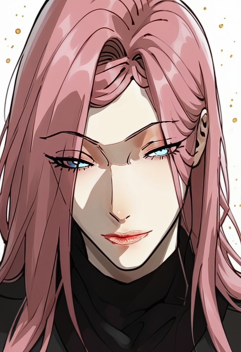 (score_9, score_8_up, score_7_up, score_5_up, score_5_up), Expressiveh, detailed face, longshuyun, 1gir, pink hair, long hair, blue eyes, eyes visible through hair, makeup, lipstick, large breasts, black sweater, turtleneck, masterpiece, best quality, portrait, white background, head tilt, looking at viewer, facing viewer, dynamic angle, golden light,light particles