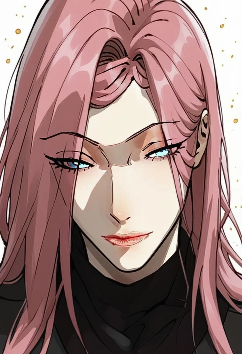 (score_9, score_8_up, score_7_up, score_5_up, score_5_up), Expressiveh, detailed face, longshuyun, 1gir, pink hair, long hair, blue eyes, eyes visible through hair, makeup, lipstick, large breasts, black sweater, turtleneck, masterpiece, best quality, portrait, white background, head tilt, looking at viewer, facing viewer, dynamic angle, golden light,light particles