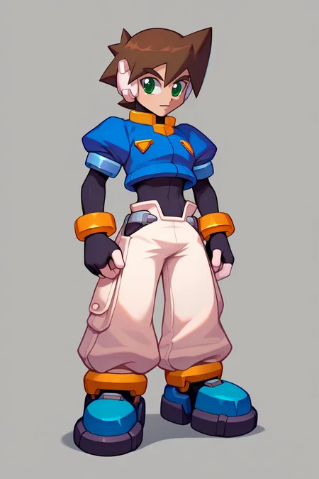 zPDXL2,<lora:vent_Grey:1>,vent \(mega man\),1boy,solo,black bodysuit,bodysuit,bodysuit under clothes,brown hair,blue jacket,cropped jacket,green eyes,midriff,pants,robot ears,bracelet,shoes,short hair,fingerless gloves,gloves,white pants,blue footwear,
