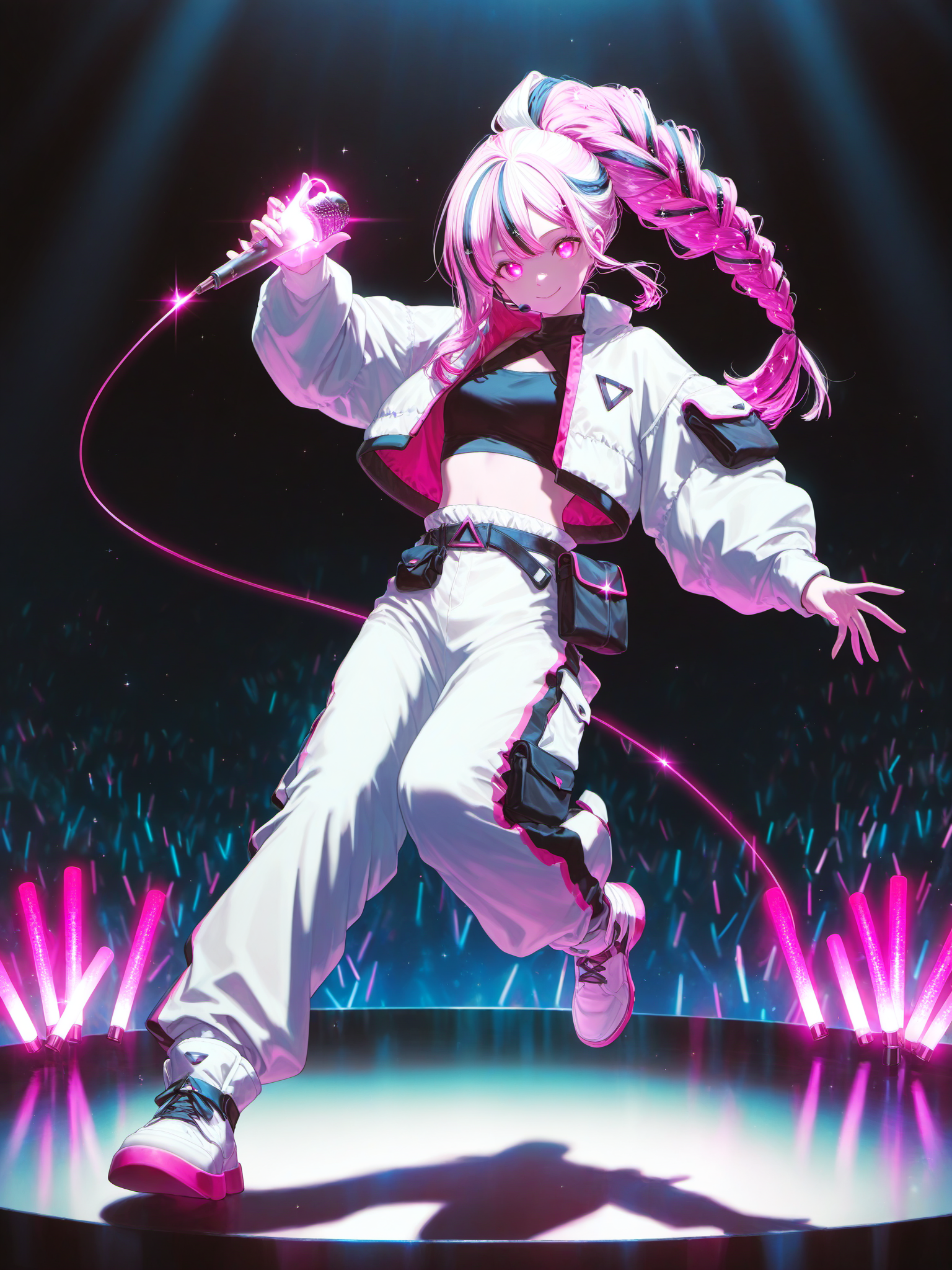 siiqa vivi, shuri \(84k\), <lora:GlitterAXL:1> SGCRSA, 1girl, long hair, multicolored hair, braided ponytail, glitter hair, white jacket, white pants, black crop top, white high tops, belt pouch, gradient background, simple background, full body, wide shot, gradient background, power elements, glowing, glowstick, smile, dynamic pose, stage, microphone, 
<lora:cfg_scale_boost:0.5> [lazypos], <lora:spo_sdxl_10ep_4k-data_lora_webui:0.4>  solo, looking at viewer, 
masterpiece, best quality, amazing quality, very aesthetic, absurdres, newest, soft lighting