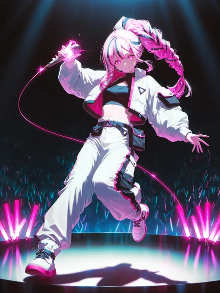 siiqa vivi, shuri \(84k\), <lora:GlitterAXL:1> SGCRSA, 1girl, long hair, multicolored hair, braided ponytail, glitter hair, white jacket, white pants, black crop top, white high tops, belt pouch, gradient background, simple background, full body, wide shot, gradient background, power elements, glowing, glowstick, smile, dynamic pose, stage, microphone, 
<lora:cfg_scale_boost:0.5> [lazypos], <lora:spo_sdxl_10ep_4k-data_lora_webui:0.4>  solo, looking at viewer, 
masterpiece, best quality, amazing quality, very aesthetic, absurdres, newest, soft lighting