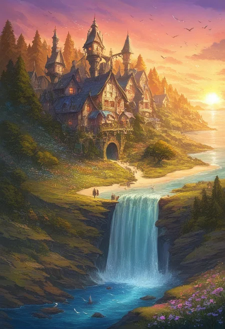 prefect lighting,very aesthetic,prefect hands,best quality,
intricate details,((highly detailed background)),(masterpiece:0.9),high quality, masterpiece,best quality,ultra-detailed, st_landscape, scenery, road, houses, fantasy, flowers, meadows, birds, sun, forest, trees, beautiful, sunset, sea, beach, waterfall, colored, light