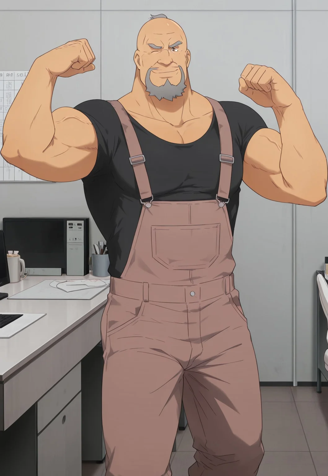 safe_pos, high quality, high detail, best quality, 1boy, solo, male focus, bara, male, Ginnosuke, grey hair, balding, thick eyebrows, goatee, facial hair, brown eyes, mature male, old, wrinkled skin, muscular, muscular male, GinnosukeOutfit, black t-shirt, grey denim overalls, grey denim jeans, feet out of frame, one arm flexing, bicep, smile, wink, <3, indoors, looking at viewer