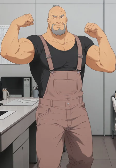 safe_pos, high quality, high detail, best quality, 1boy, solo, male focus, bara, male, Ginnosuke, grey hair, balding, thick eyebrows, goatee, facial hair, brown eyes, mature male, old, wrinkled skin, muscular, muscular male, GinnosukeOutfit, black t-shirt, grey denim overalls, grey denim jeans, feet out of frame, one arm flexing, bicep, smile, wink, <3, indoors, looking at viewer