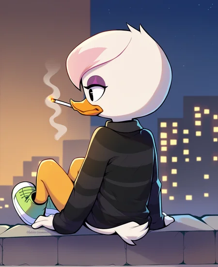 score_9, score_8_up, score_7_up, score_6_up, best quality, highres, source_furry, BREAK
1girl, female, solo, furry, outside, night, cityscape, rooftop, duck, beak, lena sabrewing, young, child, white skin, white hair, pink highlights, short hair, rear view, orange legs, sneakers, purple eyeshadow, bottomless, dress shirt, dark clothing, striped sweater, long sleeves, smoking, sitting <lora:Lena_Sabrewing:1>