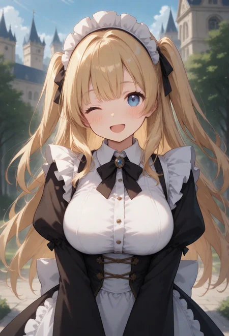 masterpiece best quality, absurdres very aesthetic, general, depth of field,intricate details, thin main lined,
a high-teens cute maid, petit, perky big breasts, blonde two side up hair,ice blue eyes, kindly (shy smile),;D,
(blooming castle_garden), detailed background,no holding,outdoors,(edwardian maid uniform),maid headdress,
from front view,cinematic angle and posing,snapshot, <lora:aesthetic_anime_v1s:0.6>