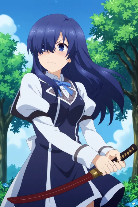 ayase ayatsuji,1girl,solo,long hair,weapon,breasts,school uniform,skirt,hair over one eye,purple eyes,blue hair,long sleeves,nanamori school uniform,holding katana BREAK outdoors,medieval school,blue sky,flower,sunshine <lora:Ayase_Ayatsuji_-_Rakudai_Kishi_no_Eiyuutan.safetensors:0.8> <lora:detailed_backgrounds_v2.safetensors:0.5>