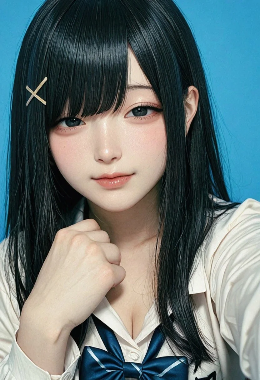 , raytracing, very awa, high resolution, official art, realistic, masterpiece, best quality, film grain, Film Still, realistic,photorealistic, super detailed skin, realistic skin, realistic human skin, Realistic skin tones, Three-dimensional skin, (simple blue background), (Low brightness lighting),
BREAK
, (Korea Cosplayers), (Taiwan Cosplayers), (Japanese Cosplayers), (blue_archive), virtual youtuber, hololive, nijisanji.jp, (ars almal), (Suzuhara Lulu), (Houshou Marine), Selfie style, selfie photo,
BREAK
, kawaii girl, (jiraikei face), (18-year-old:1.4), perfect eyes, (narrow nose), half-closed eyes, (petite:1.4), black hair, long hair, black eyes, thin lips, ((School Uniform)), ((Front view)),
BREAK
,Rounded chest, taut chest, Cleavage,