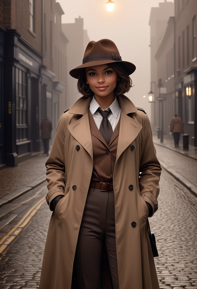 (medium full shot) of (astute detective) young woman, busty build, short brown layered cut hair, south african, dark skin, hazel eyes, wearing a classic fedora, brown trench coat, matching blouse and trousers , oxford shoes, detective badge leather gloves, stylish pipe, set in  a foggy city street, with dim streetlights, cobblestone pavement, old buildings, and a mysterious ambiance, at night, woman smiling, ,Masterpiece,best quality, raw photo, realistic, very aesthetic, dark