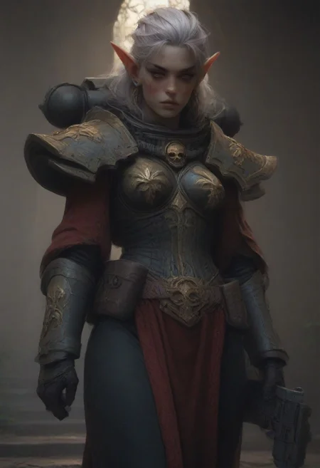 masterpiece, score_9, score_8_up, score_7_up, score_6_up, world of warcraft,
alone, female, elf, female elf, walking, battlesisterarmor, body armor, pelvic curtain, shoulder pads, gauntlet, a bltgun bolter weapon, bolter, holding gun, indoor, temple, window, daytime, 
BREAK, 
1girl, female elf, elf, several small earrings, slender hands, long manicured fingernails, half closed eyes, heavy blush, light makeup, purple mohawk hair, carved scar tattoos on face, tan olive skin tone, high prominent cheekbones, delicate and slightly pointed jawline, almond-shaped eyes, [heterochromia, left eye amethyst purple with gold flecks, right eye green with gold flecks,] slender and straight nose, full rosy lips with defined cupid’s bow, slightly arched dark eyebrows, long pointed elven ears with simple metallic piercings, slightly toned neck and visible collarbones, confident and mysterious expression,