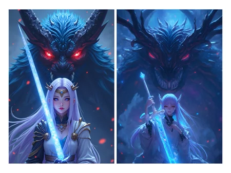 masterpiece, best quality, 1girl, portrait, closeup
ultra-realistic mix fantasy,(1 giant chimera monster:1.3) behind an asian woman holding a glowing sword,void energy diamond sword, in the style of dark azure and light azure, mixes realistic and fantastical elements, vibrant manga, uhd image, glassy translucence, vibrant illustrations, ultra realistic, long hair, straight hair, light purple hair,head jewelly, jewelly, shawls,light In eyes, red eyes, portrait, firefly, bokeh, mysterious, fantasy, cloud, abstract, colorful background, night sky, flame, very detailed, high resolution, sharp, sharp image, 4k, 8k, masterpiece, best quality, magic effect, (high contrast:1.4), dream art, diamond, skin detail, face detail, eyes detail, mysterious colorful background, dark blue themes
