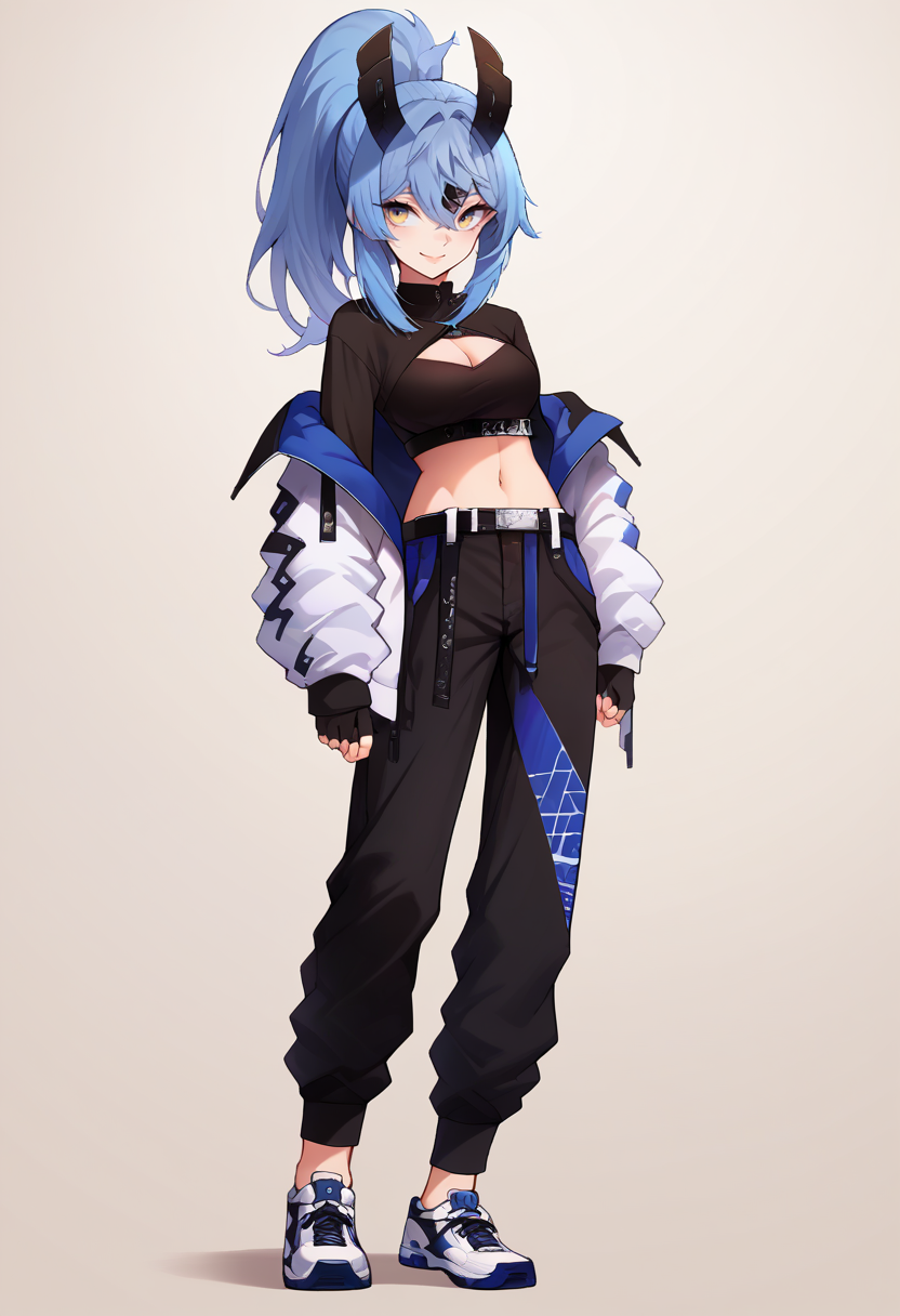score_9, score_8_up, score_7_up, source_anime, <lora:saki:1>, ocsaki, yellow eyes, blue eyes, gradient eyes, horns, looking at viewer, smile, closed mouth, long sleeves, shoes, hood, hoodie, pants, black pants, jacket, white jacket, high ponytail, solo, white background, clothing cutout, cleavage cutout, off shoulder, medium breasts, navel, midriff, open clothes, black crop top, belt, fingerless gloves, sportswear, full body, multicolored footwear, full body,