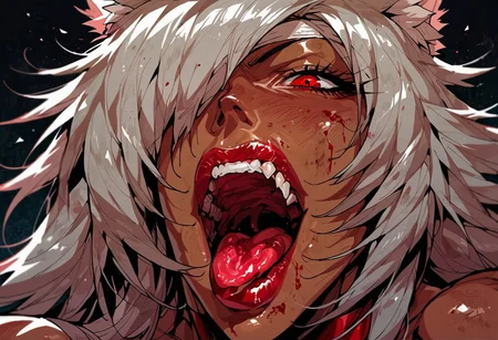 score_9, score_8_up, score_7_up, 1girl, black hair, solo, blood, red eyes, tongue, teeth, open mouth, long hair, blood on face, close-up, <lora:Fant5yP0ny:0.8>, ghislaine dedoldia, visible breast, bimbo makeup, bimbo lips