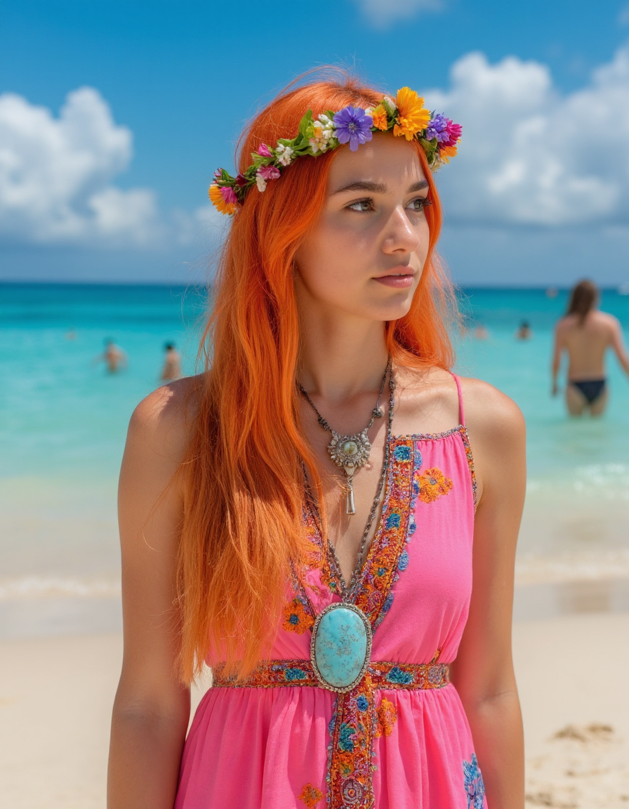 A vivid portrayal of a young woman with striking orange hair, adorned with a floral crown, standing on a sandy beach. She wears a bright pink dress with intricate patterns and a large turquoise pendant. Her pose is contemplative, with her gaze directed away from the camera, lost in thought. In the background, two other individuals can be seen walking along the shore, and the azure ocean stretches out to the horizon. The sky is a clear blue with fluffy white clouds, suggesting a sunny day. The overall style of the image is contemporary, with a touch of bohemian flair, emphasized by the woman's vibrant hair and the casual beach setting.
