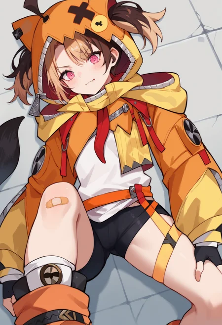 score_9, score_8_up, score_7_up, uncensored, source_anime, 1girl, <lora:spgigiMurinXLPony:1> murin1st, tail, animal hood, hood up, orange jacket, yellow jacket, striped clothes, black gloves, fingerless gloves, white shirt, black shorts, bike shorts, single thighhigh, asymmetrical legwear, bandaid on leg
