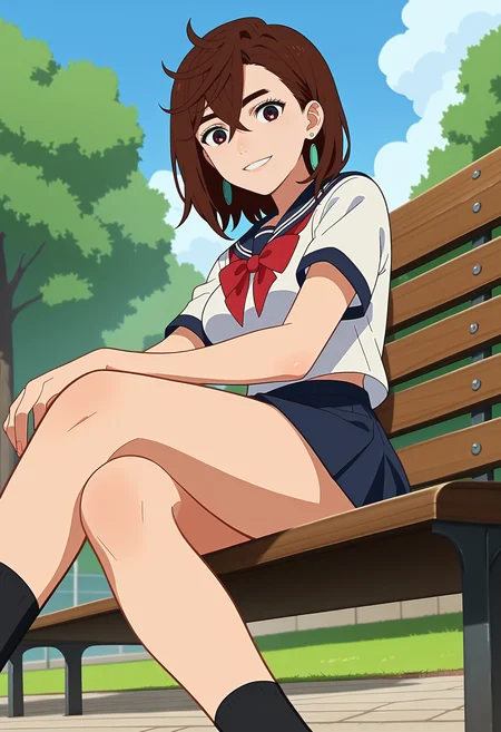 score_9, score_8_up, score_7_up, anime screencap, source_anime, 1girl, solo,
<lora:Momo_Ayase_Dandadan_V2:.85>, KJOmomo, brown hair, brown eyes, medium hair, thick eyebrows, earrings, hair between eyes,
school uniform, black skirt, short sleeves,
Sitting, bench, crossed legs, smile, parted lips, looking at viewer, from below,
sunny, park, sidewalk, stone floor, grass, tree, cloudy sky,
(Beautiful, medium Breasts:1.2),