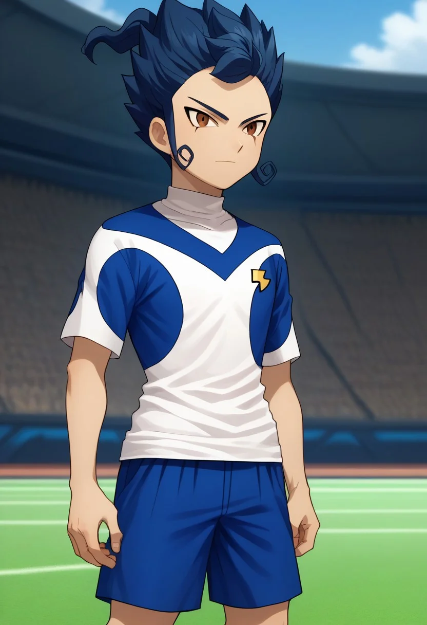 score_9, score_8_up, score_7_up, source_anime, highly detailed,
tsurugi, 1boy, male focus, solo, blue hair, brown eyes, sportwear, galaxy soccer uniform, turtleneck, shirt, blue shirt, white shirt, multicolored shirt, shorts, blue shorts,
outdoor,