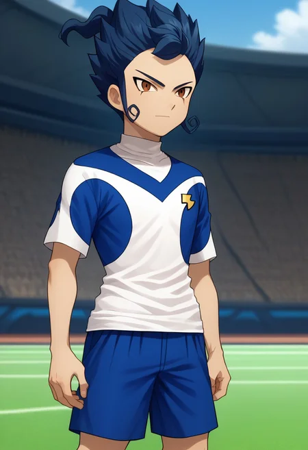 score_9, score_8_up, score_7_up, source_anime, highly detailed,
tsurugi, 1boy, male focus, solo, blue hair, brown eyes, sportwear, galaxy soccer uniform, turtleneck, shirt, blue shirt, white shirt, multicolored shirt, shorts, blue shorts,
outdoor,