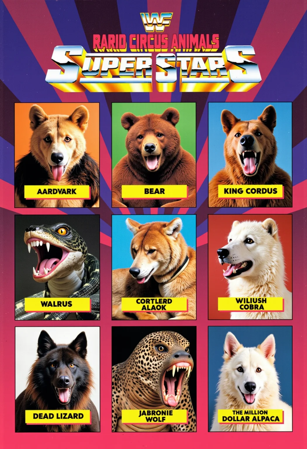 a photo of an early 1990s 2D flat rabid circus animals Superstars 3x5 roster poster, with A rabid circus animal for every image including aardvark, bear, cobra, king cobra, walrus, dead lizard, jabronie wolf, the million dollar alpaca, and others.