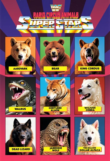 a photo of an early 1990s 2D flat rabid circus animals Superstars 3x5 roster poster, with A rabid circus animal for every image including aardvark, bear, cobra, king cobra, walrus, dead lizard, jabronie wolf, the million dollar alpaca, and others.