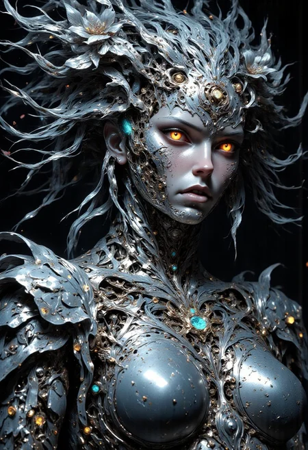Silver statue of a woman, her skin composed of delicate, textured silver flakes, with chrome and glass flowers intricately woven into her hair, her eyes gleaming with a warm, bluish light, wearing a majestic, windy-blown ornate gown with tattered, silver petals, reminiscent of a dark, dystopian world, her face and shoulders illuminated by a soft, ambient glow, as if radiating an otherworldly energy, in the styles of Royo's dark, mystical realism, Artgerm's hyper-detailed, metallic sheen, and Lovecraft's eerie, atmospheric tension, with meticulous attention to intricate textures, dramatic shading, and a sense of haunting, ethereal beauty.
