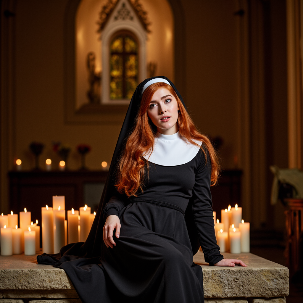 Inside an ancient cathedral, bathed in the glow of flickering candlelight, the redheaded goddess sitting on the cold stone altar, she's wearing a full nun costume  leaving nothing but temptation in its wake. Her fiery locks spill over the sacred ground as she gazes upward, looking at the viewer,  her lips parted in an expression of pure, sinful ecstasy. Itâs an image of contrastâholiness and eroticism intertwined, a vision of defiance in a place of restraint  <lora:jialissa64:0.9> jialis