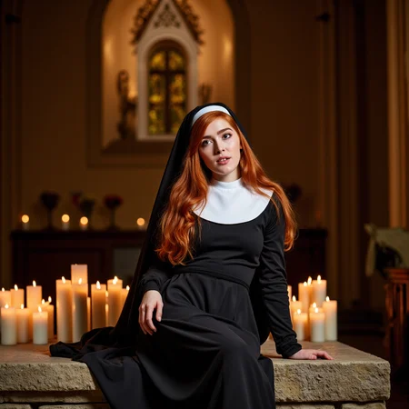 Inside an ancient cathedral, bathed in the glow of flickering candlelight, the redheaded goddess sitting on the cold stone altar, she's wearing a full nun costume leaving nothing but temptation in its wake. Her fiery locks spill over the sacred ground as she gazes upward, looking at the viewer, her lips parted in an expression of pure, sinful ecstasy. Itâs an image of contrastâholiness and eroticism intertwined, a vision of defiance in a place of restraint <lora:jialissa64:0.9> jialis