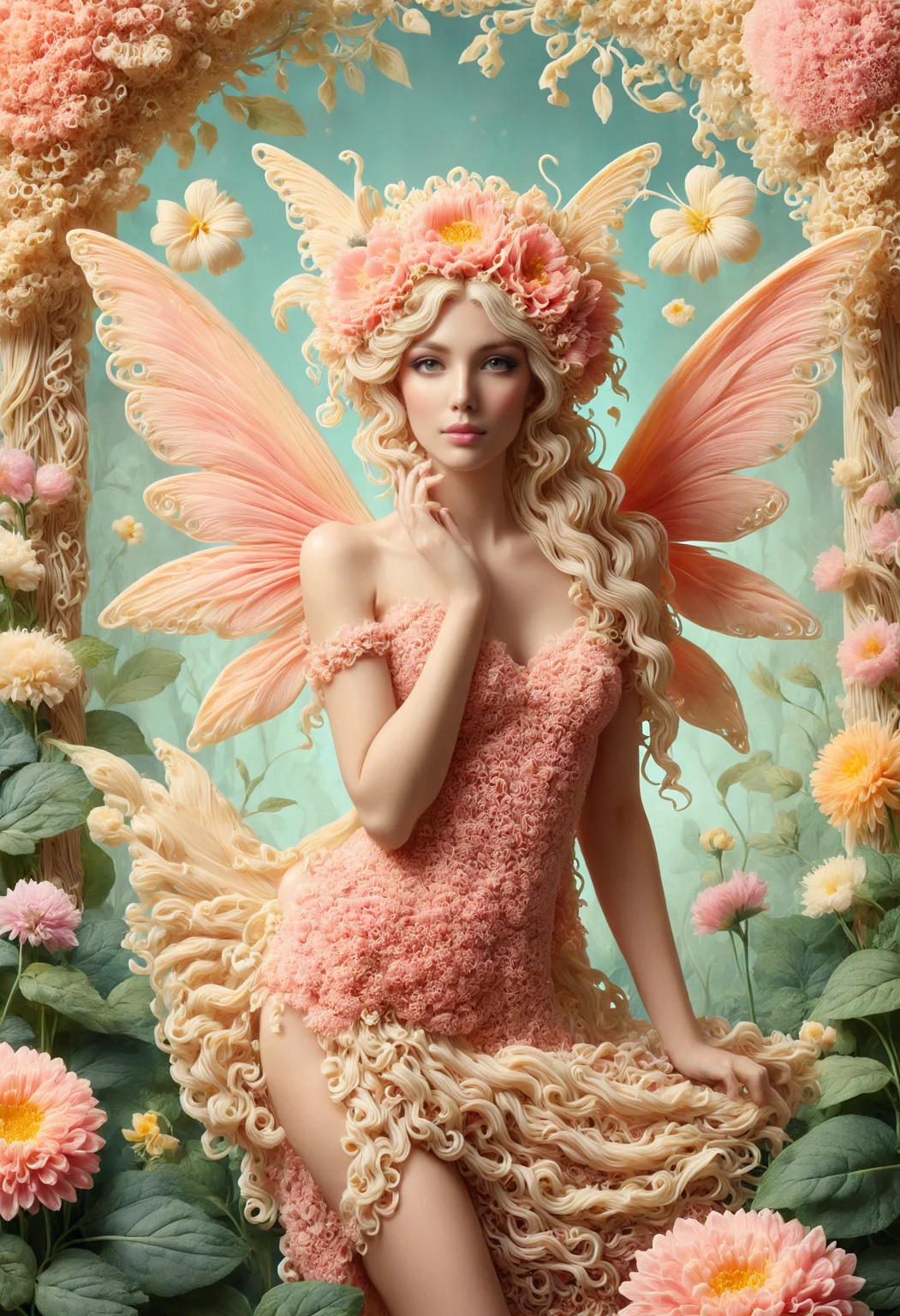 portrait of a pretty fairy, Leaves, Flowers, Petals, Pastel Pink, art nouveau style, floral background, vintage style, masterpiece, hyperdetailed, made out of noodles, <lora:PinkieNdlsSDXL:1>, p1nkn00dles, <lora:clearHandExtract:0.8>,