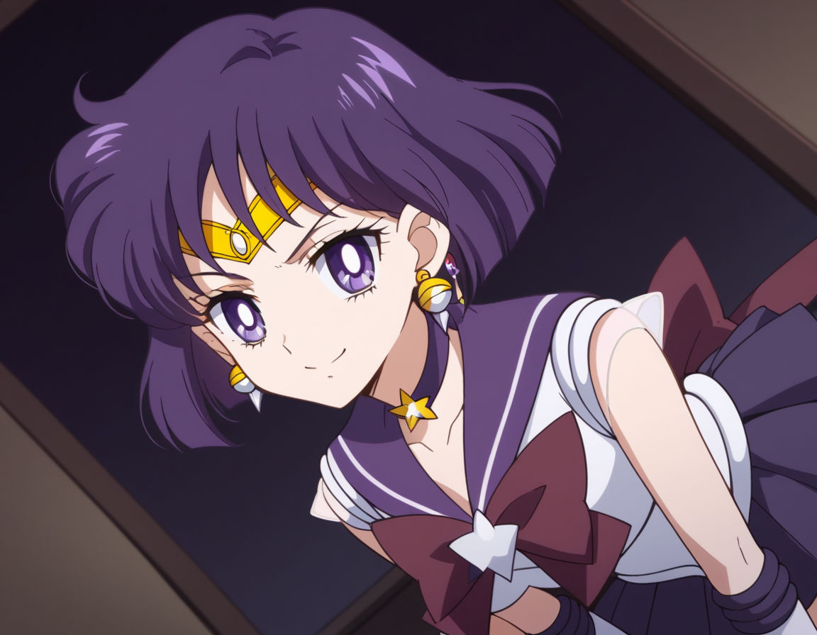 score_9, score_8_up, score_7_up, source_anime, <lora:hotaru-tomoe-eternal-movie1-ponyxl-lora-nochekaiser:1>, hotaru tomoe, purple eyes, short hair, purple hair, circlet,, brooch, choker, earrings, gloves, jewelry, magical girl, miniskirt, purple sailor collar, sailor collar, sailor senshi uniform, skirt, star choker, white gloves,, indoors, bent over, smile, looking at viewer, solo,, cowboy shot, dutch angle
