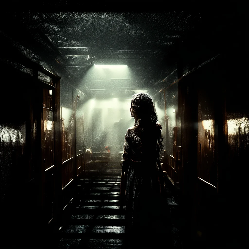 close-up of woman in a dark hallway with a light shining through the ceiling <lora:oldMJstyle_v1_SDXL:1> by oldmjstyle