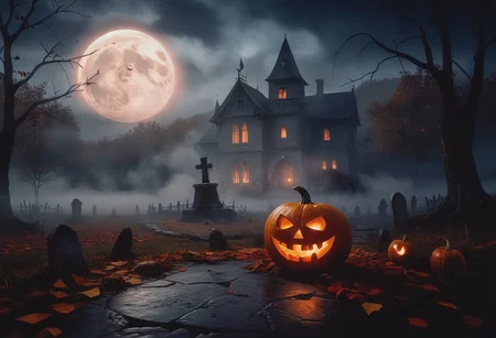 Halloween scene with a Jack-o'-lantern, glowing eerily, surrounded by autumn, dim light, mist, dramatic and scary atmosphere, mist rising from the ground, realistic details, high contrast, cinematic,fire,moon blood