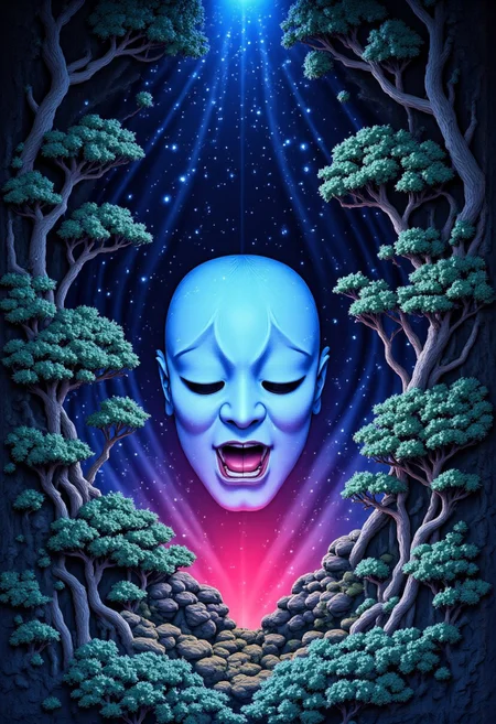 high definition digital animation depicting a cursed no-face mask gdorn radiating an eerie cyan and magenta aura displayed in a liminal bonsai garden, Studio Ghibli Dark Fairytale