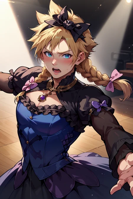 score_9, score_8_up, score_7_up, score_6_up, source_anime, 1boy, male focus, solo BREAK <lora:cloudstrife-pdxl-nvwls-v1-000006:1> dressCloud, crossdressing, blonde hair, twin braids, hair bow, frilled dress, black dress, puffy sleeves, long sleeves, long dress, dancing, spotlight, stage, open mouth, outstretched arm, wide shot, blush