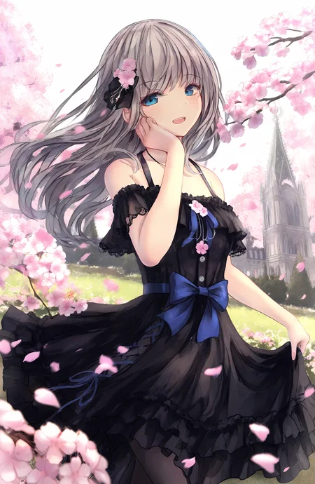 1girl, solo, long_hair, looking_at_viewer, smile, open_mouth, blue_eyes, hair_ornament, dress, bow, bare_shoulders, grey_hair, flower, :d, outdoors, frills, hair_flower, blurry, black_dress, petals, floating_hair, depth_of_field, frilled_dress, cherry_blossoms, pink_flower, hand_on_own_face, skirt_hold, hand_on_own_cheek