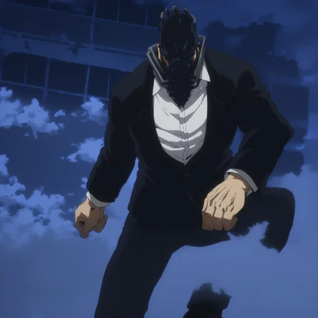 solo, navy blue, skull-like mask with angular tubes at the top, a wide collar-like life-support system around his neck with additional pipes connecting in the front and back, a dark suit over a white shirt, solo, anime, male, floating, dark clouds, pectorals, easynegative, ng_deepnegative_v1_75t, score_9, score_8_up, score_7_up, score_6_up, score_5_up, score_4_up, source_anime, bara, negative_hand, formal, black suit, white shirt, black shoes, aid291, pale, night time, destruction, dark theme,